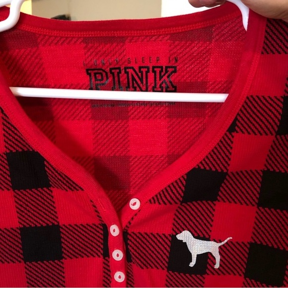Victoria Secret Pink Cozy I Only Sleep Buffalo Plaid Waffle Sleep Shirt Top New - Picture 8 of 12